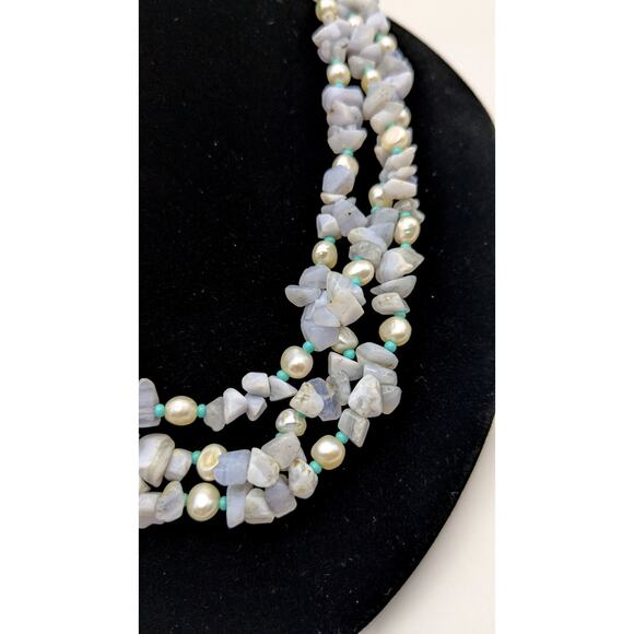 Light Blue Gemstone Freshwater Pearl Multi-Strand Necklace Sterling Silver 925 - Picture 3 of 10